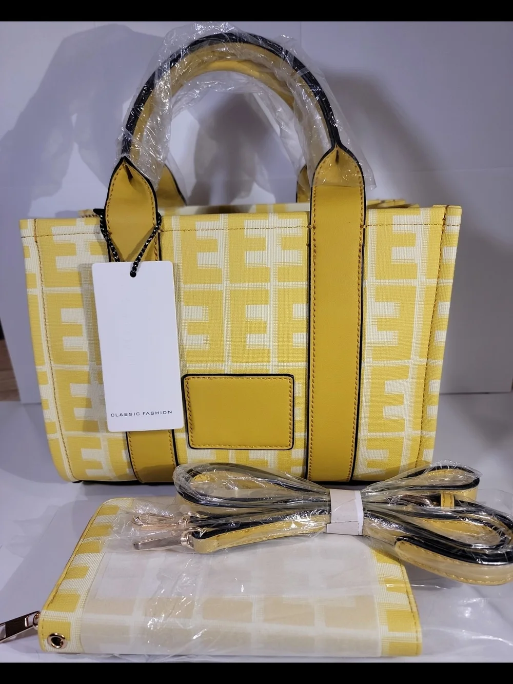 Classic Fashion Yellow Monogram Tote Bag w/Wallet & Crossbody Strap NWT